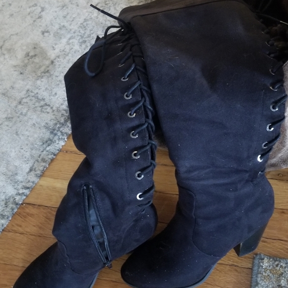 High, over-the-knee with tie string laces up the back suede boot - Picture 3 of 12